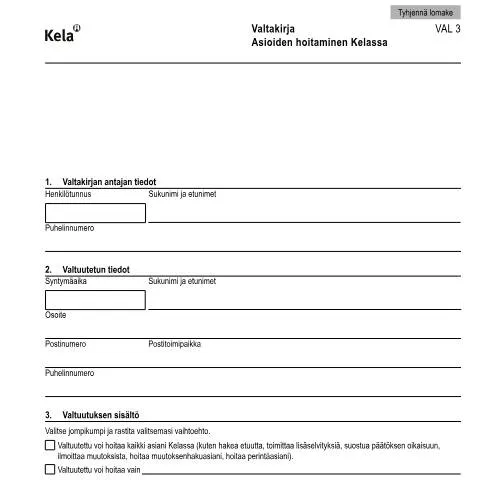 Document preview: Valtakirja Kelassa: Miksi ja Milloin se tarvitaan? — Hallinnolliset asiat (CERFA n°Kela VAL 3)