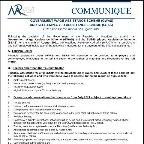 Document preview: Extension of Government Wage Assistance Scheme and Self-Employed — Benefits & social aid (CERFA n°Communique260821)