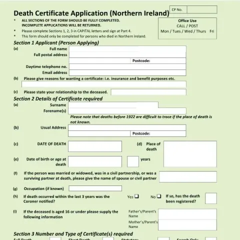 Document preview: How to Apply for a Death Certificate in Northern Ireland — Civil status & identity (GRO41)