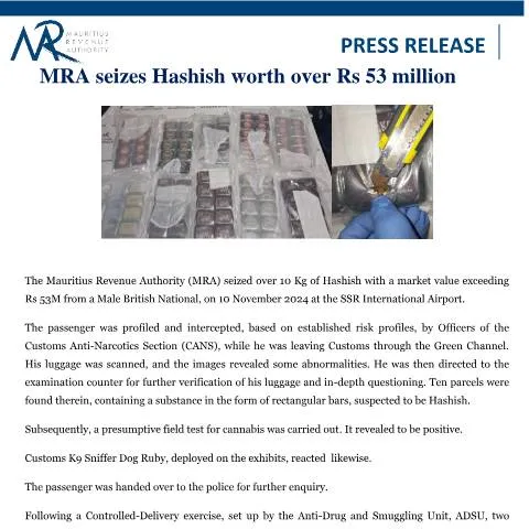 Document preview: Major Drug Seizure by MRA at SSR International Airport — Government & admin (PressRelease121124)