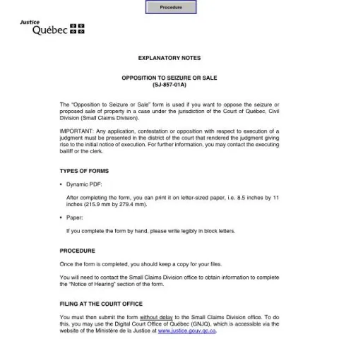 Document preview: How to Oppose a Seizure or Sale in Quebec Small Claims Court — Legal & justice (SJ-857-01A)