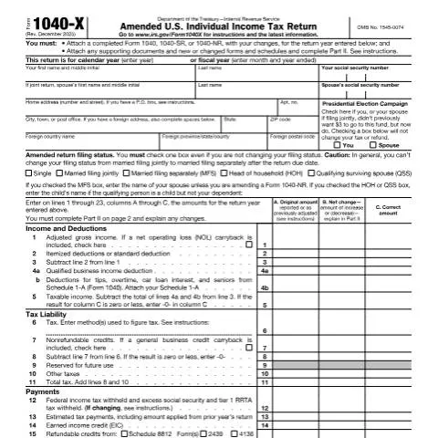 Document preview: Navigating IRS Form 1040-X for Tax Amendments — Taxes (CERFA n°1040X)