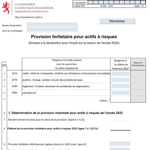 Aperçu du document Comprendre la provision forfaitaire pour actifs à risque — Démarches administratives (CERFA n°505 F)