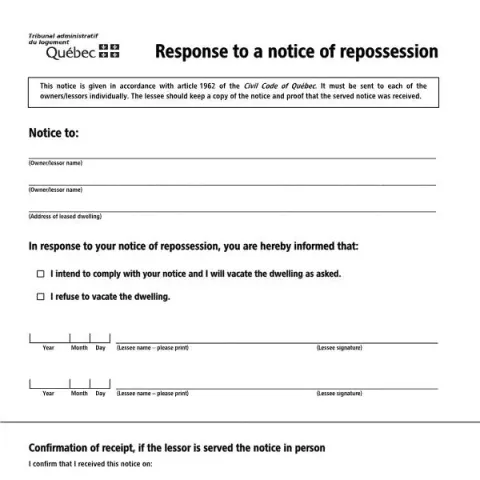 Document preview: Understanding the Response to a Notice of Repossession Form — Housing (TAL-811A-E)