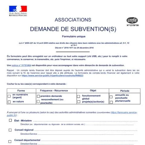 Aperçu du document Comment obtenir une subvention publique pour votre association — Démarches administratives (CERFA n°12156*06)