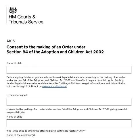 Document preview: Consent Form for Adoption Order Under Section 84 UK — Family
