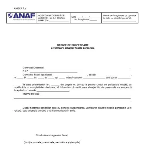 Document preview: Suspendarea verificării fiscale personale - OPANAF 2117/2018 — Impozite & fiscalitate (CERFA n°A7_OPANAF_2117_2018)