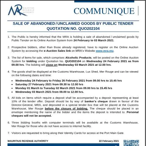 Document preview: Mauritius Official Notice: Sale of Abandoned and Unclaimed Goods — Government & admin (CERFA n°CommuniqueQ202104)