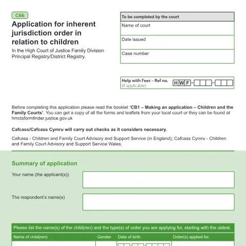Document preview: High Court Inherent Jurisdiction Applications: Form C66 Guide — Legal & justice