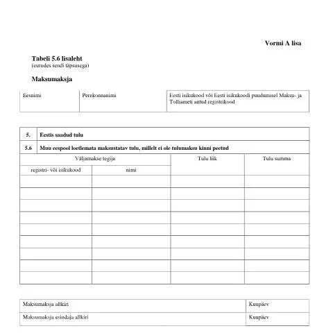 Document preview: Tabeli 5.6 lisaleht ja selle roll Eesti maksustamises — Maksud ja maksustamine (CERFA n°VORM A TABEL 5.6 LISALEHT)
