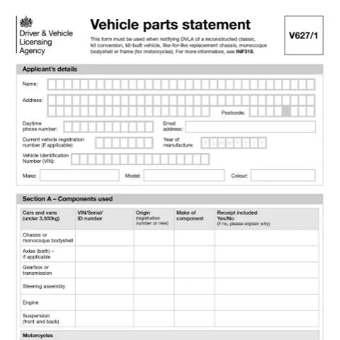 Document preview: DVLA Vehicle Parts Statement V627/1: Registration Requirements — Vehicle & driving