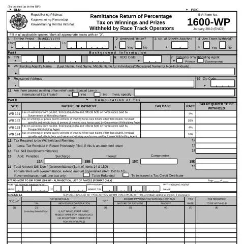 Document preview: Understanding BIR Form No. 1600WP for Race Track Operators — Government & admin (CERFA n°1600WP)