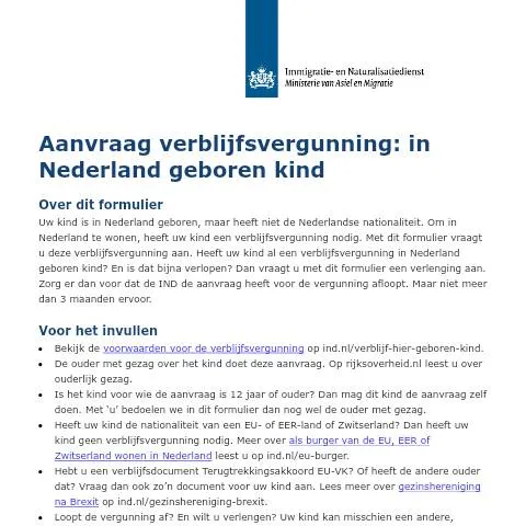Documentvoorvertoning: Aanvraagproces verblijfsvergunning voor in Nederland geboren kinderen — Immigratie & visa (CERFA n°B07003)