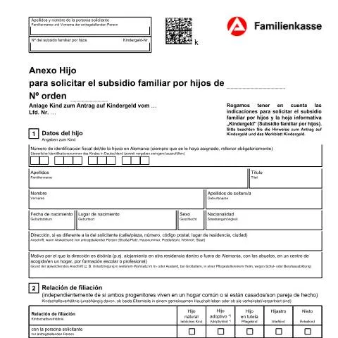 Dokumentvorschau: Wichtige Informationen zum Anexo Hijo für Kindergeld — Familie (CERFA n°kg1-s-anlagekind_ba033785)