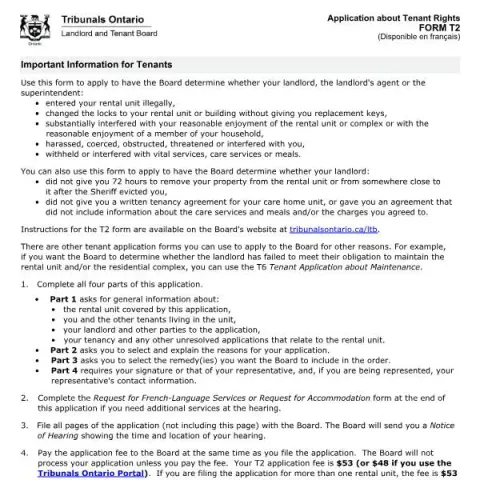 Document preview: Understanding the Tenant Rights Application Process with the Landlord (English / French) — Housing (FORM T2)
