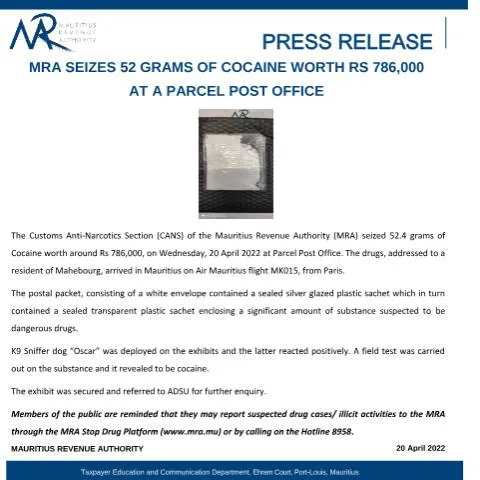 Document preview: Impacts of MRA's Cocaine Seizure on Drug Trafficking — Government & admin (PressRelease200422)