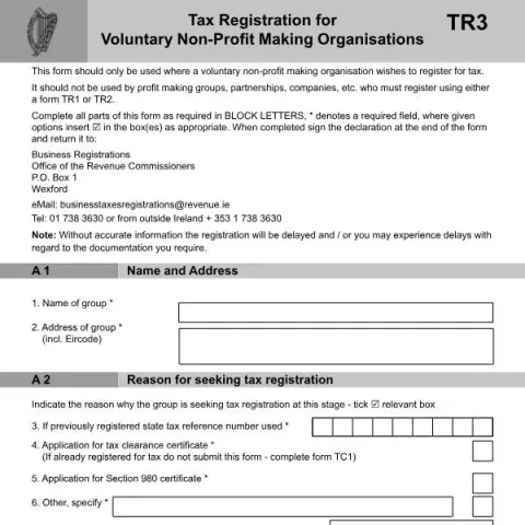 Document preview: Tax Registration for Irish Voluntary Non-Profit Organisations — Taxes (TR3)