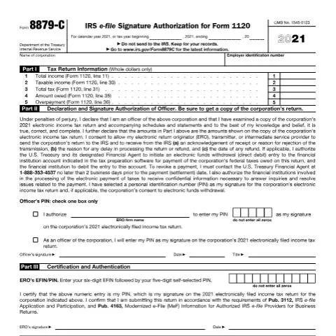 Document preview: Navigating Corporate Tax Filing with IRS Form 8879-C — Taxes (CERFA n°8879C)
