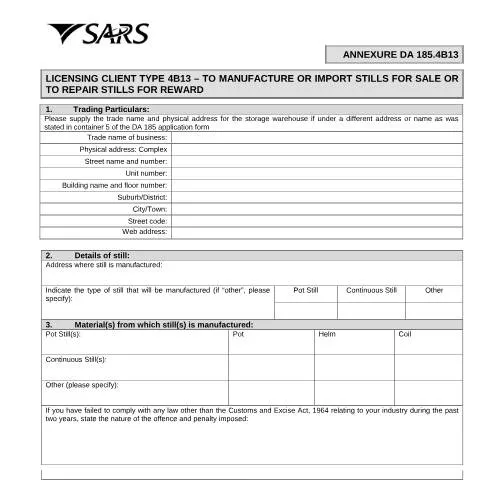 Document preview: Understanding the DA 185.4B13 Application for Stills — Government & admin (CERFA n°DA 185.4B13)