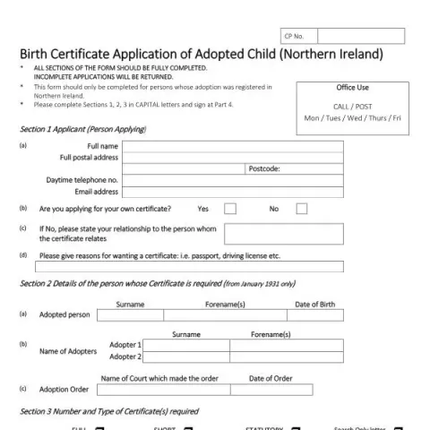 Document preview: Official Birth Certificate Application for Adopted Child — Civil status & identity (GRO40A)