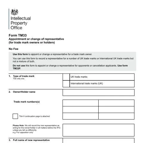 Document preview: How to Appoint or Change Your Trade Mark Representative Using TM33 — Government & admin