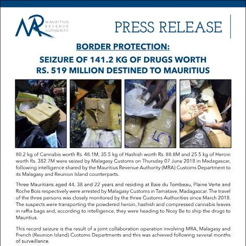 Document preview: Major Drug Seizure Bound for Mauritius in 2018 — Government & admin (PressRelease080618)