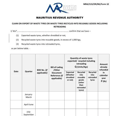 Document preview: Understanding the Refund Process for Waste Tyres — Customs & trade (CERFA n°MRA-CUS-DR-BG-Form10)