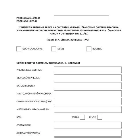 Document preview: Tiskanica zahtjeva za obiteljsku mirovinu HVO — Mirovina i penzija (CERFA n°Tiskanica_zahtjeva_za_obiteljsku_mirovin)