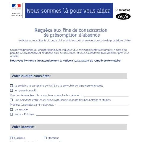 Aperçu du document Comment déclarer une présomption d'absence en France — Démarches administratives (CERFA n°15603*03)