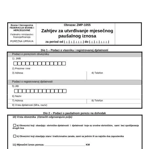 Document preview: Obrazac ZMP-1055: Ključ za mjesečni paušalni iznos poreza — Porezi i fiskalnost (CERFA n°ZMP-1055)