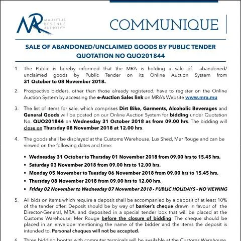 Document preview: Explore the Benefits of Public Tender Sales in Mauritius — Government & admin (CERFA n°Communique44of2018)