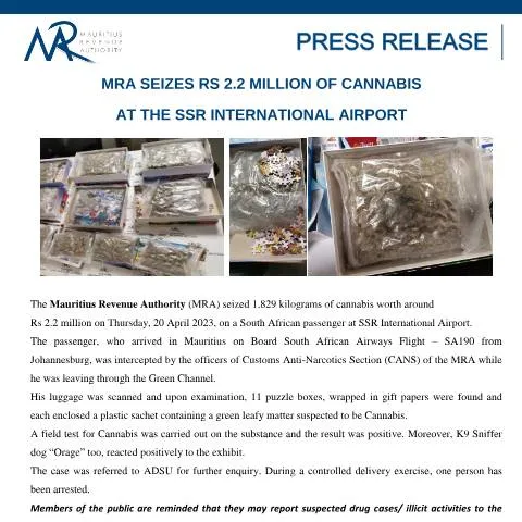 Document preview: Major Cannabis Seizure at SSR International Airport by MRA — Government & admin (PressRelease210423)