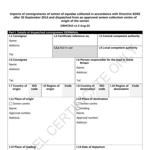 Document preview: Model Health Certificates for Equine Germinal Product Imports — Environment & energy