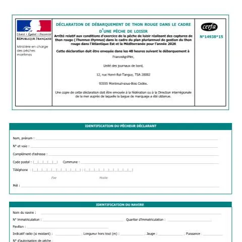 Aperçu du document Comment déclarer votre prise de thon rouge en pêche de plaisance — Démarches administratives (CERFA n°14938*15)