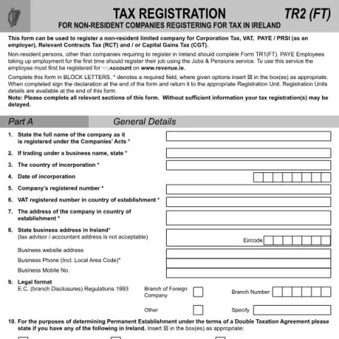 Document preview: Registering Non-Resident Companies for Tax in Ireland — Taxes (TR2 (FT))
