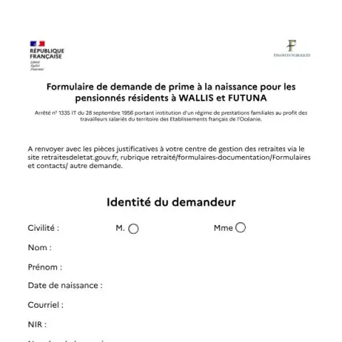 Aperçu du document Demande de prime à la naissance pour pensionnés à Wallis et Futuna — Aides & prestations sociales (Cerfa 16263*01)