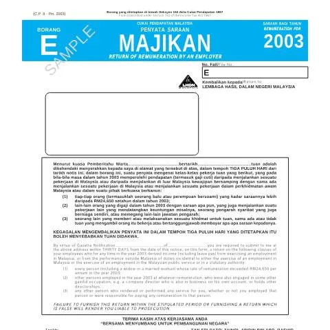 Document preview: Panduan Lengkap untuk Mengisi Borang E 2003 — Cukai & percukaian