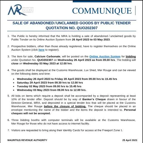 Document preview: Official Notice: Sale of Abandoned and Unclaimed Goods by Public — Government & admin (CommuniqueQUO202307)