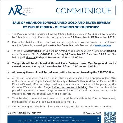 Document preview: Understanding the Sale of Unclaimed Goods in Mauritius — Government & admin (Communique51of2018)
