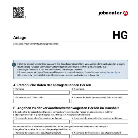 Dokumentvorschau: Wichtige Schritte zur Angabe einer Haushaltsgemeinschaft — Familie (CERFA n°anlagehg_ba032950)