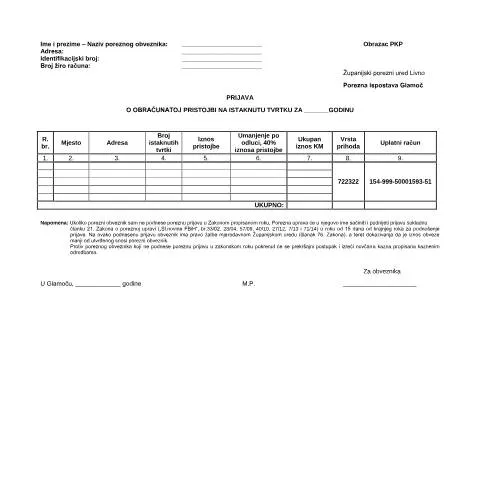 Document preview: Obrazac PKT-K10 za komunalne takse u Općini Glamoč — Porezi i fiskalnost (CERFA n°PKT-K10)