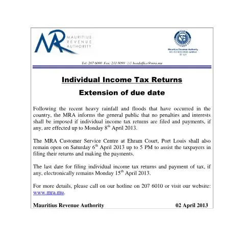 Document preview: Understanding the Tax Return Submission Extension in Mauritius — Government & admin (CERFA n°CommuniqueITAupdated2013[1])