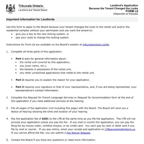 Document preview: Understanding and Filing Form L8 for Lock Changes in Ontario (English / French) — Housing (FORM L8)