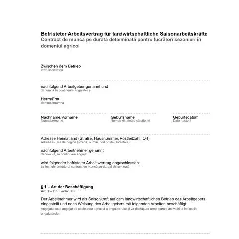 Dokumentvorschau: Muster-Arbeitsvertrag für landwirtschaftliche Saisonkräfte — Arbeit & Beschäftigung (CERFA n°ro-formular-musterarbeitsvertrag-landwirtschaft-_ba034590)