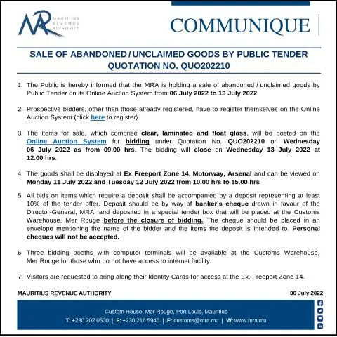 Document preview: Unlock Opportunities with Abandoned Goods Public Tender — Government & admin (CommuniqueQUO202210)