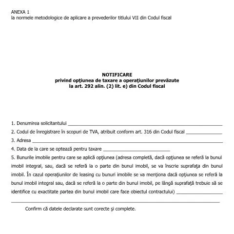 Document preview: Importanța opțiunii de taxare în tranzacțiile imobiliare — Formalități administrative (CERFA n°A1_NMT7CF)