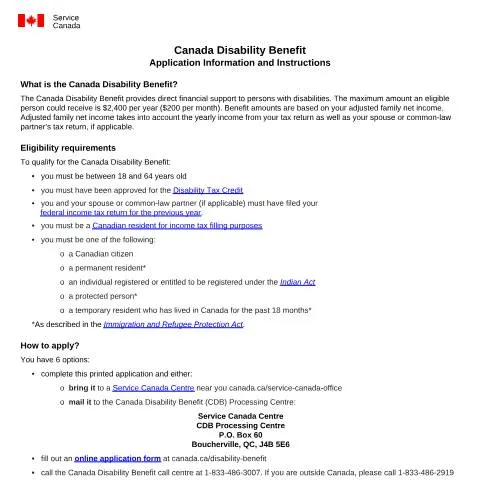 Document preview: Navigating the Canada Disability Benefit Application Process — Benefits & social aid (CERFA n°CDB0004)