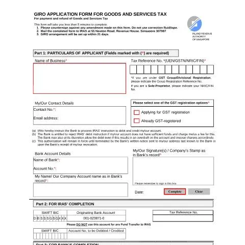 Document preview: Simplify Your GST Payments with IRAS GIRO Application — Taxes (CERFA n°GST_GIROFORMFRONT)