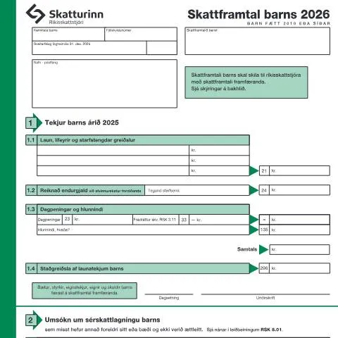 Document preview: Skattframtal barna 2026: Hvernig á að fylla út? — Skattar & fjármál (CERFA n°RSK 1.02)