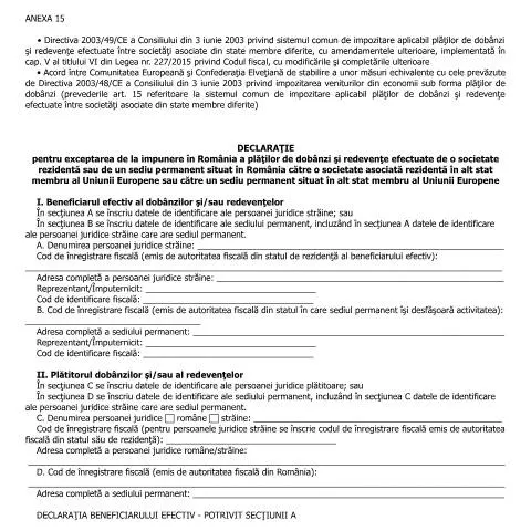 Document preview: Excepții fiscale pentru plăți de dobânzi și redevențe în România — Impozite & fiscalitate (CERFA n°A15_OMFP_583_2016)